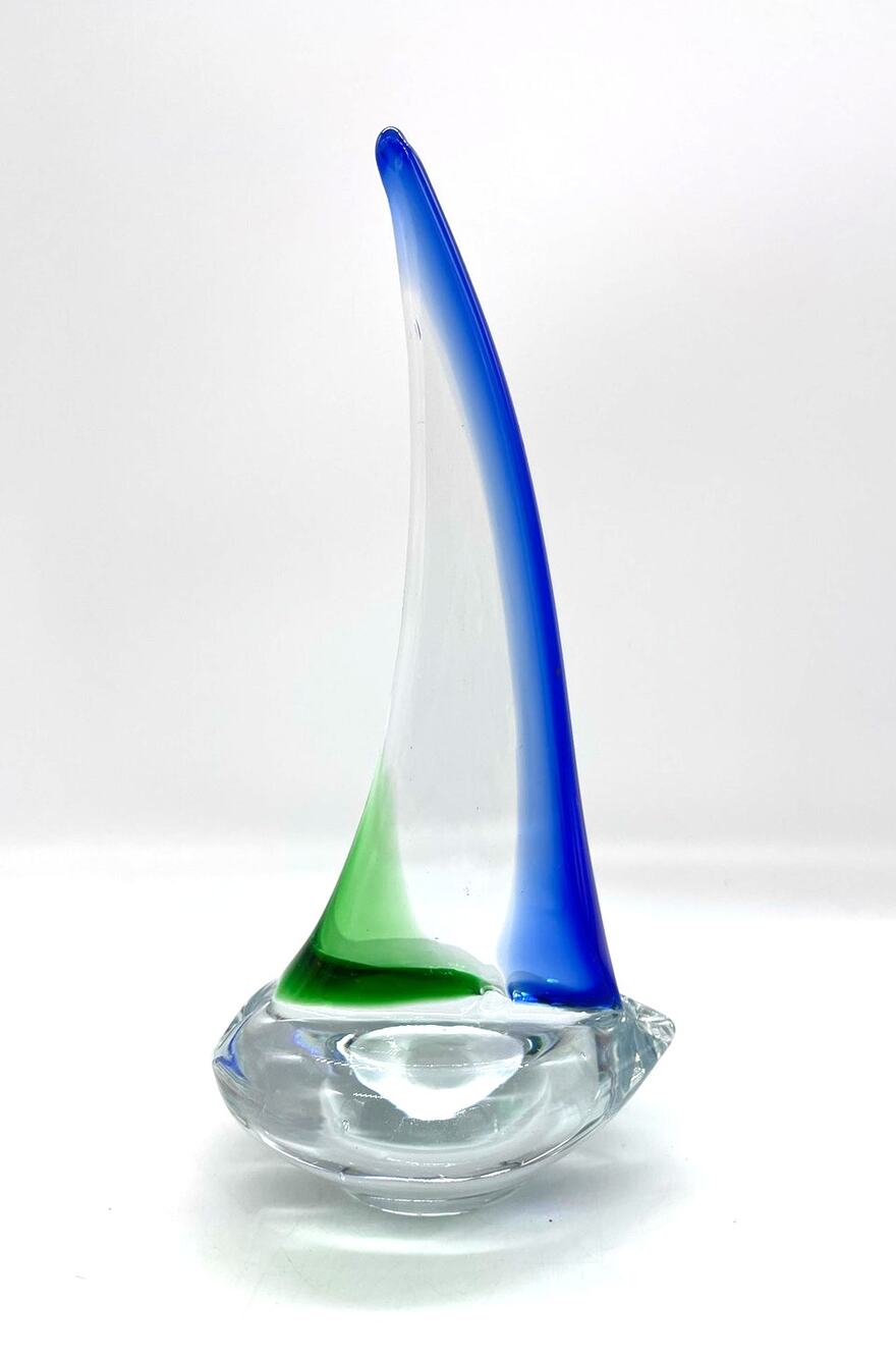 Art Glass Sailboat Blue Green Clear Nautical Ocean Paperweight 8.5"